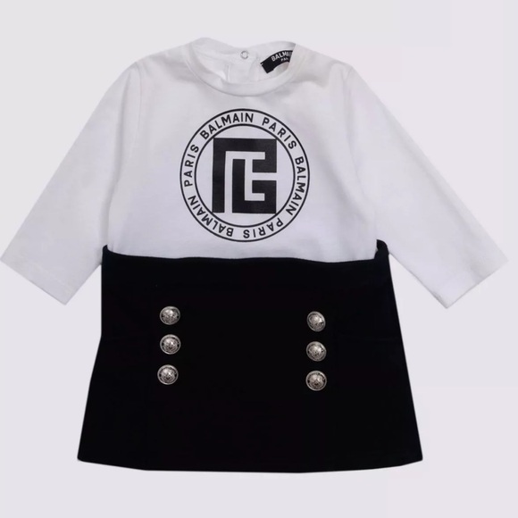 BALMAIN T-Shirt Dress Size 6M Coated Log Branded Buttons Round Neck